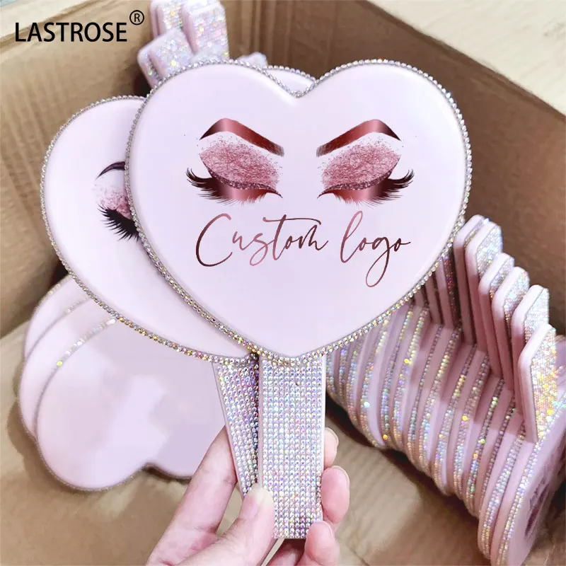 

Wholesale Heart-shaped handle makeup mirror with rhinestone make your own logo Square Mirror for beauty girl apply cosmetics