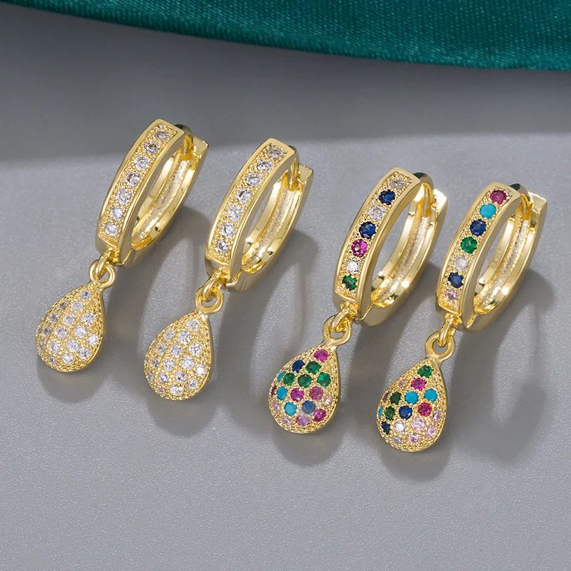 

European Fashion Rainbow CZ Huggie Earrings Exquisite Bohemia Teardrop Cubic Zirconia Zircon Dangle Hoop Earrings Party Jewelry