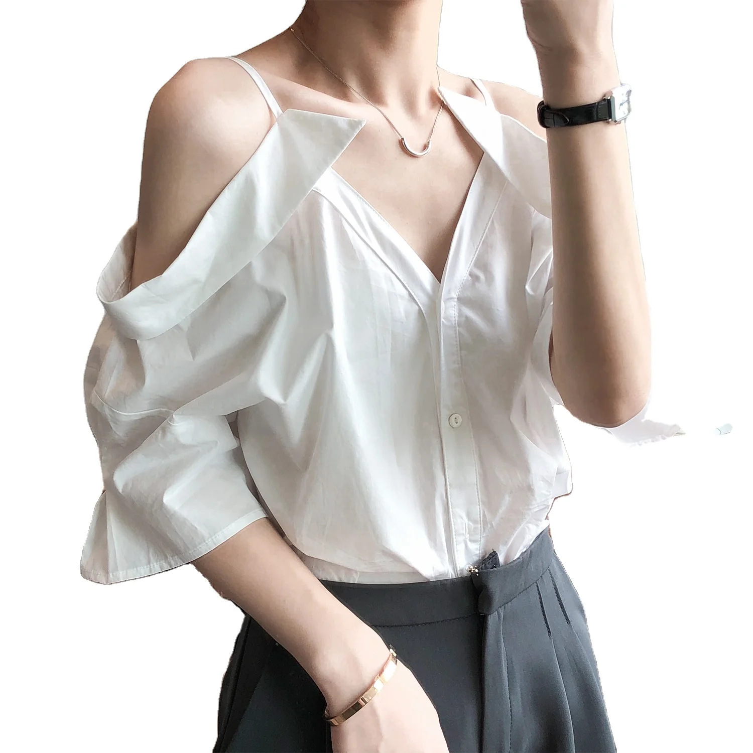 

High Quality Sexy Blouse One-shoulder Sling Shirt Female Design Sense French Off-shoulder Top Women Shirt Shirts