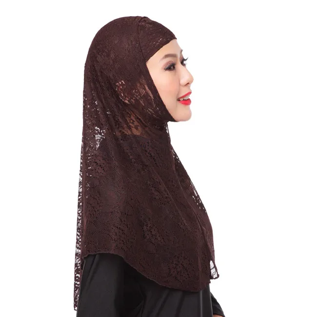 
SE3037 Arabic Islamic Kuwaiti hijab Saudi women plain color whole floral lace hijab polyester muslim scarf 
