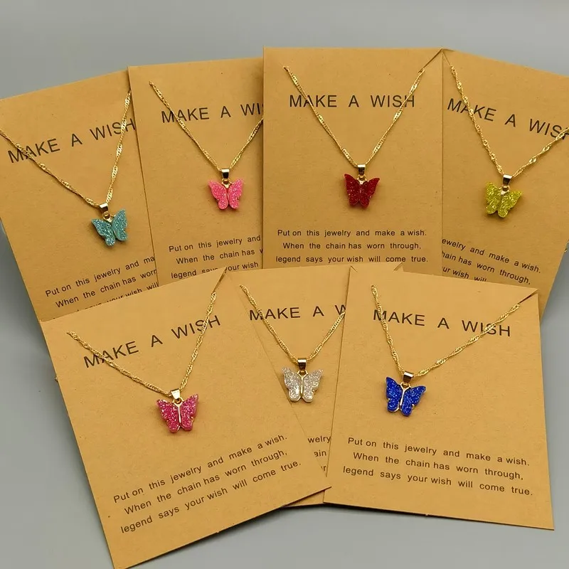 

Fluorescent Gold Onion Pink Colorful Acrylic Butterfly Necklace Fashion Jewelry Simple Gold Necklace