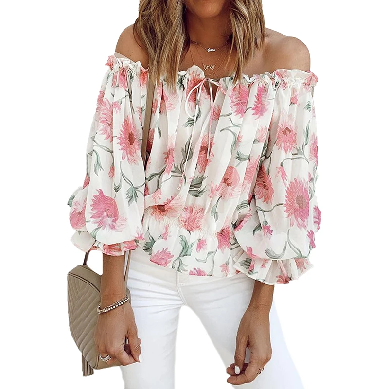 

Wholesale 2021 Women's Blouses Floral Blouse Long Sleeve Off Shoulder Top
