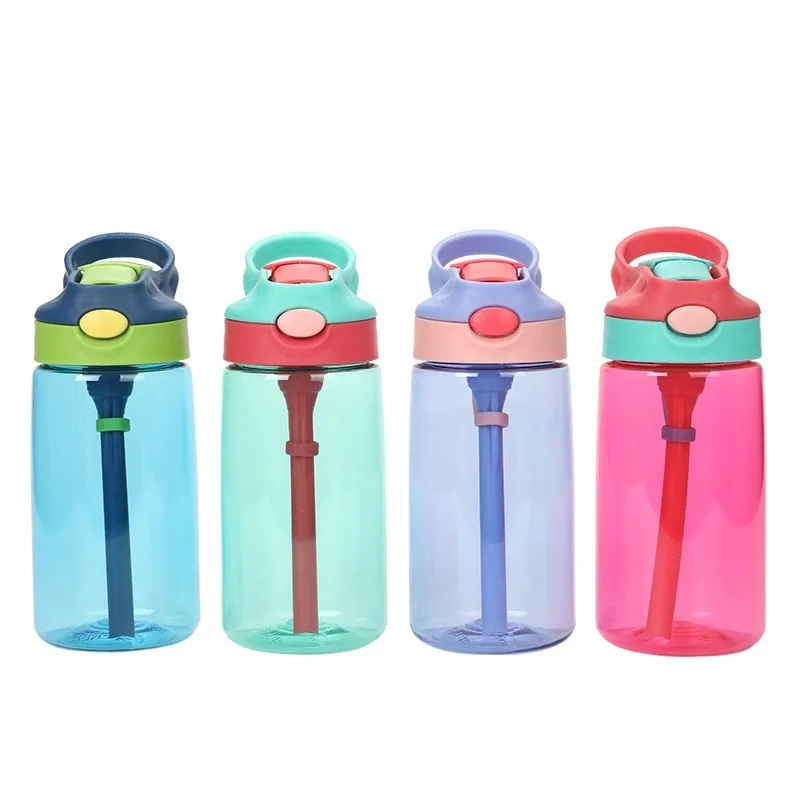 

2020 popular stocked kids drinking bottle juice bottle water bpa free hot sale plastic drink water bottle with straw, Blue,red,green and purple