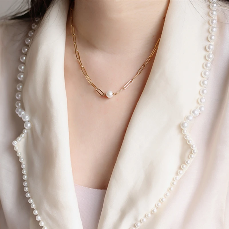 

Chain Women Pendant Necklace Wholesale Custom Stainless Steel Fresh Water Pearl Single Real Natural Custom Logo Necklaces Trendy, Gold, silver, rose gold, black