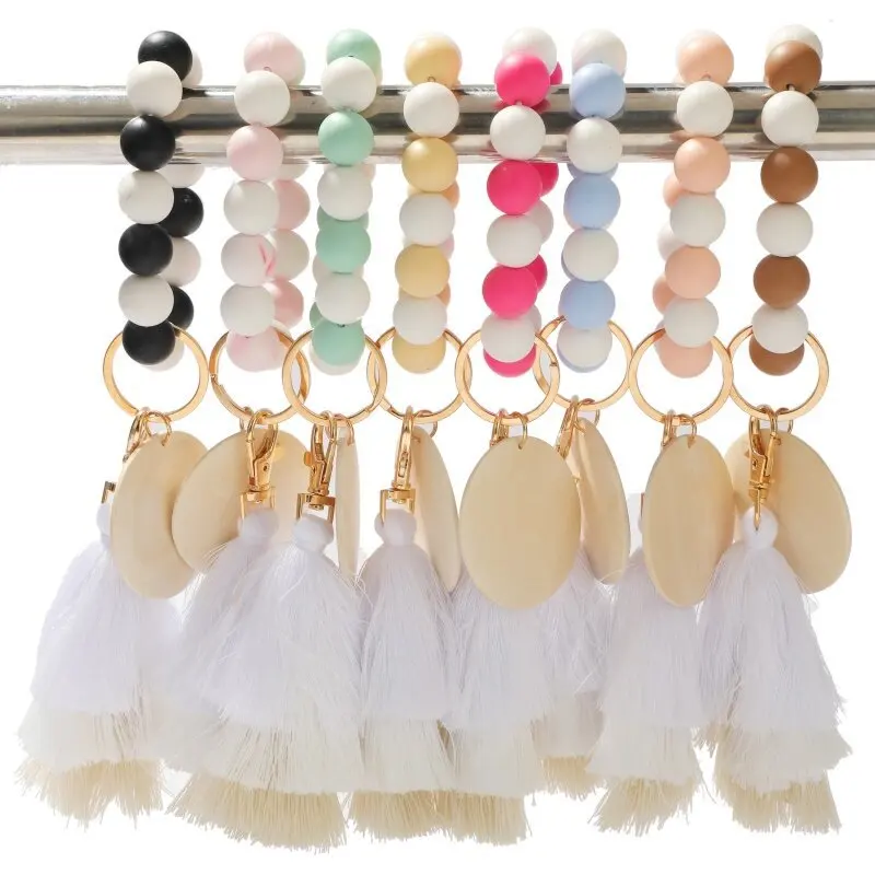 

Pendant Bag Accessories Colorful Fringe Bracelets Bangle Key Rings Silicone Beaded Tassel Beaded Key Chains Wood Bead Bracelet