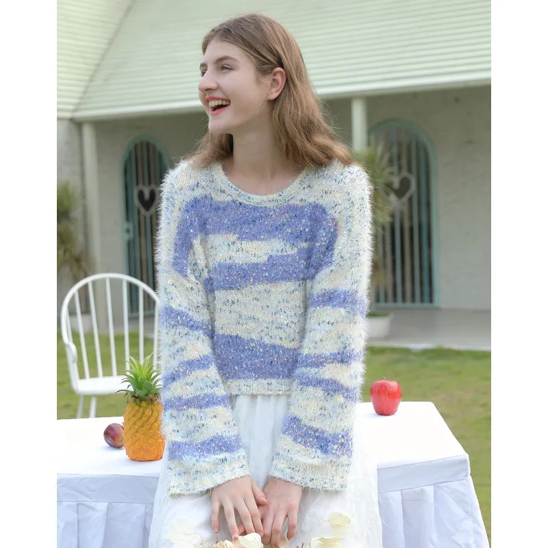 

Wholesale Autumn Winter New Casual Warm Nylon Long Sleeve O-Neck Loose Korean Pullover Striped Soft Knitwear Women's Sweater, Customized color
