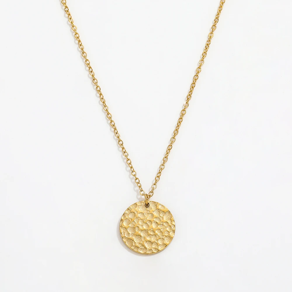 

Joolim Hot Sale 18K PVD Gold Plated Waterproof Tarnish Free Hammered Round Circle Pendant Stainless Steel Necklace