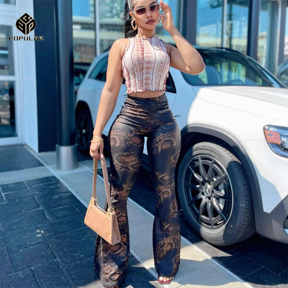

2021 Pantalon Femm Women's Pants & Trousers Knit High Waist prited Stacked Leggings Flared Pants
