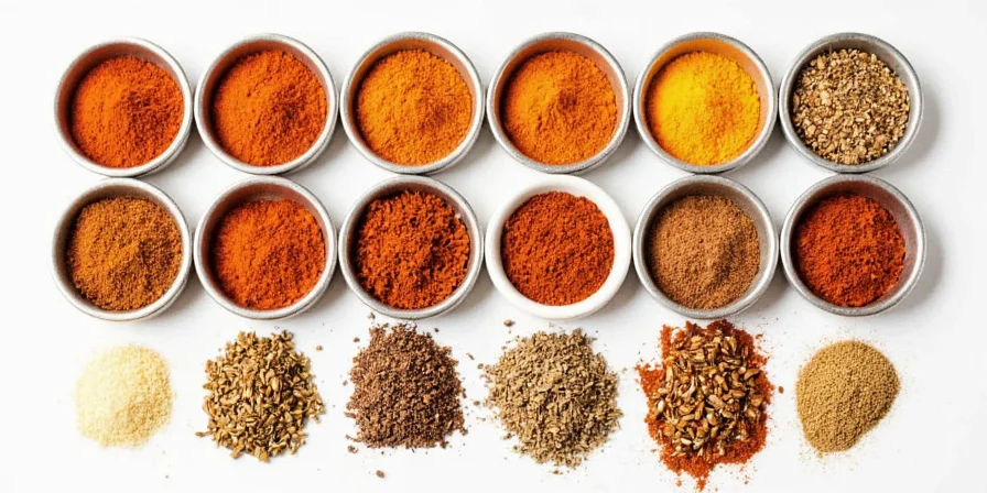 Jars of custom-made spice blends for Indian chicken seasoning