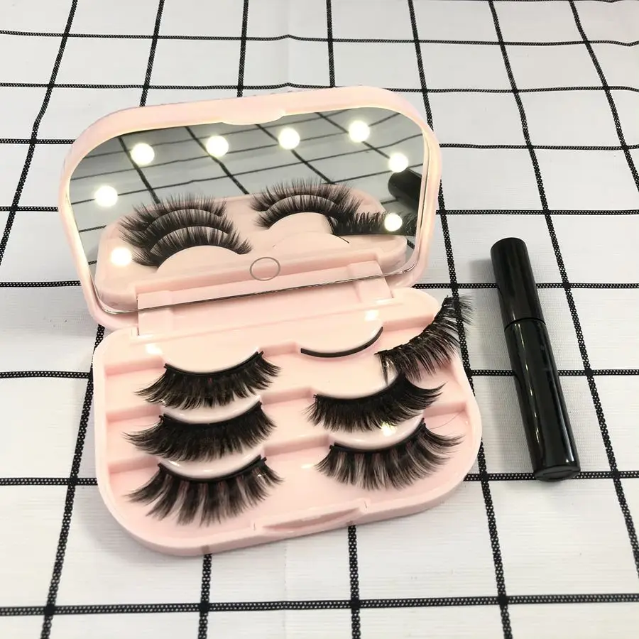 

2021 New design faux magnetic eyelashes with LED mirror case customized logo mink eyelash in cheap lash case Chinese vendor, Black