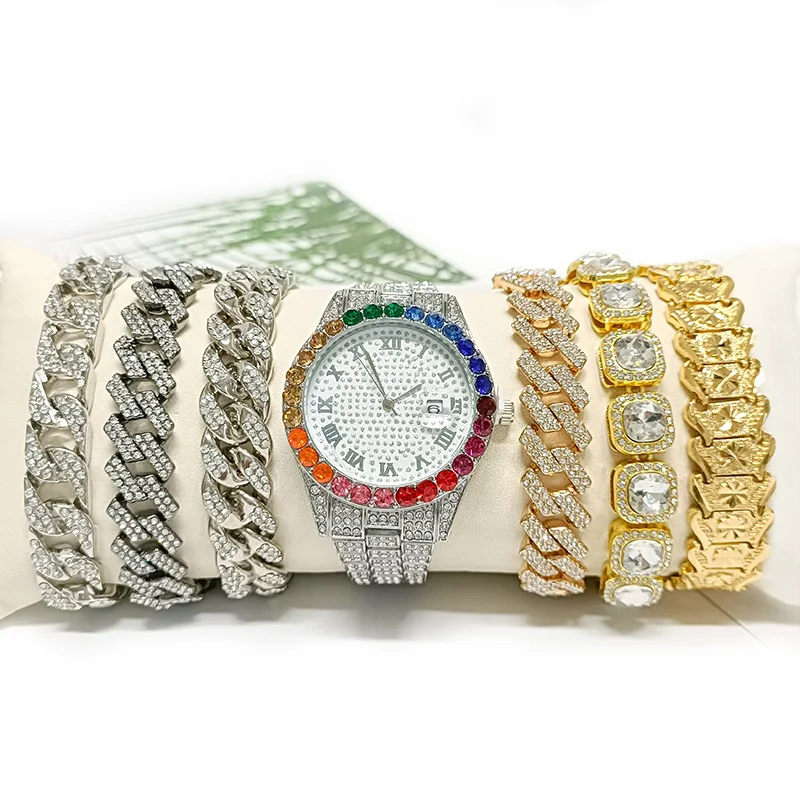 

New Punk Real Gold Plated Full Diamond Watch Bracelet Set Rainbow Color Crystal Rhinestone Cuban Chain Watch Set For Men Women