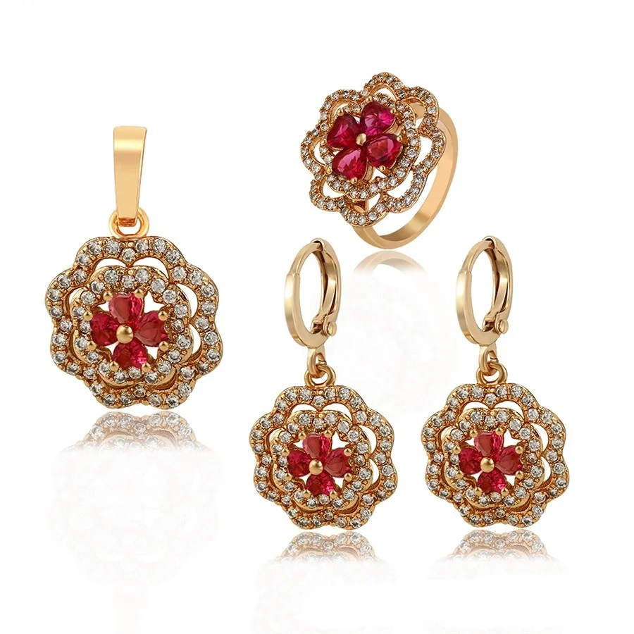 

65923 Xuping Jewelry Exquisite flower set diamond 18K gold environmental protection copper pendant earrings ring set 3 pieces