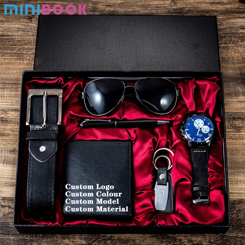 

Minibook Fashion Creative Men Gift suit Sunglasses and key chains Beautifully Packed Belt Watch Wallet Pen suit Combination