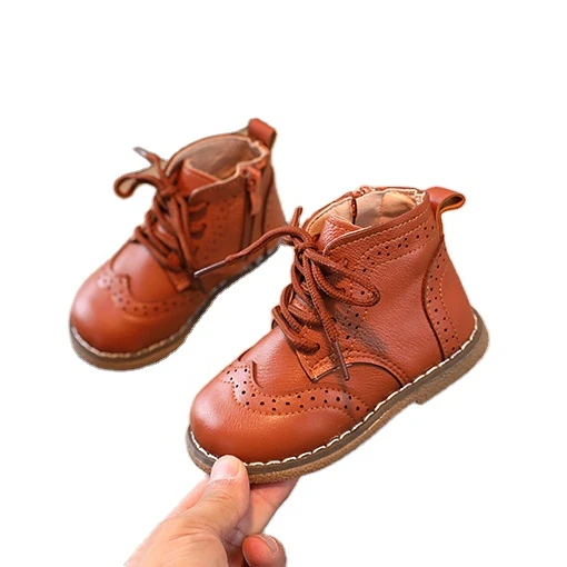 

Fashion England style smooth leather mid-top children lace-up vintage brown kids boots girls, Black/brown as picture