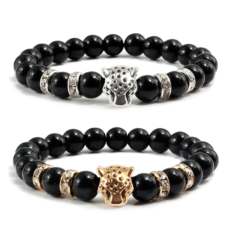 

Natural Stone Men Bracelet Charm Matte Black Lava Beads Leopard Head Crystal Bracelet, Mix