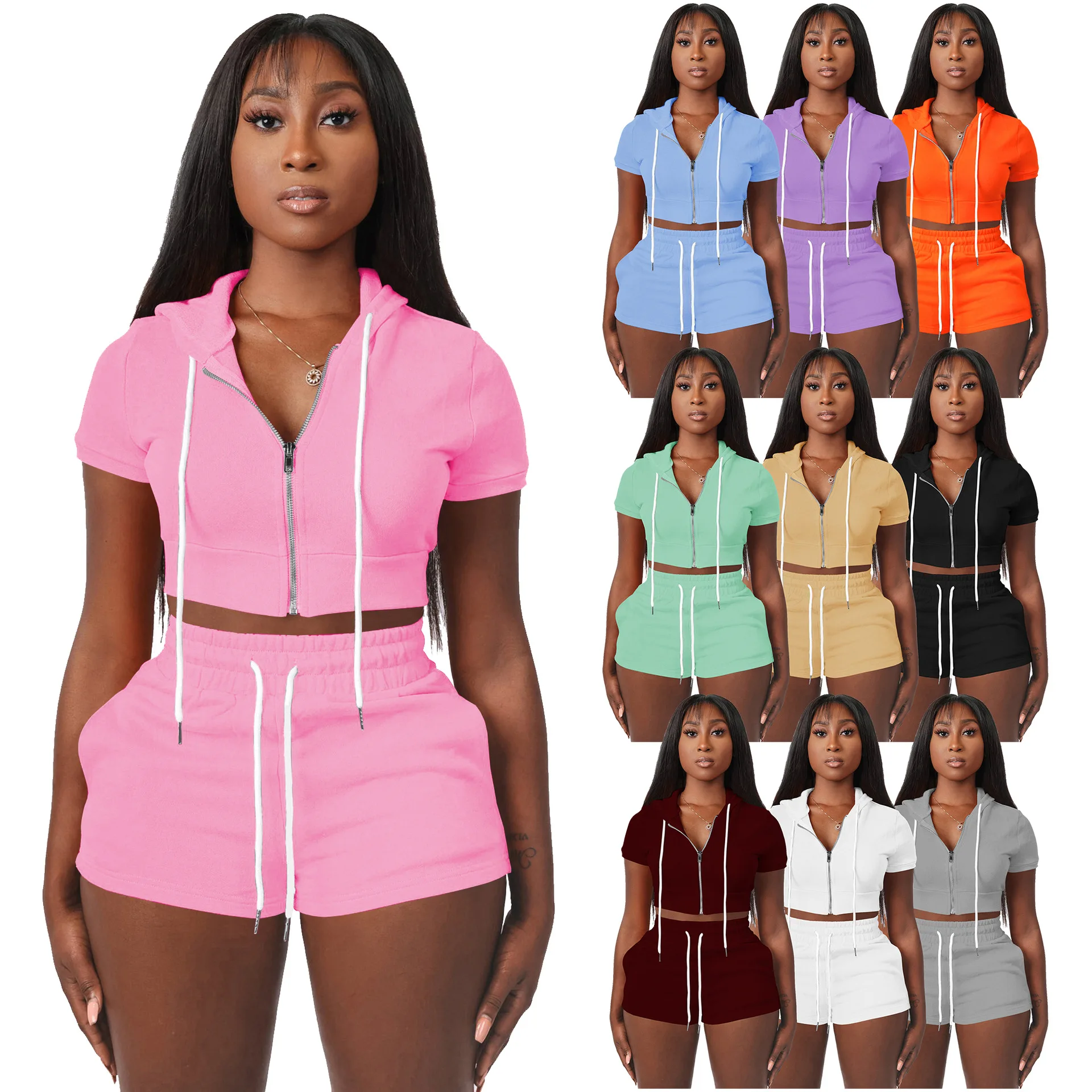 

Custom Logo 2022 summer two piece zip up short set crop top hoodie and short set biker outfits two piece set, Picture color