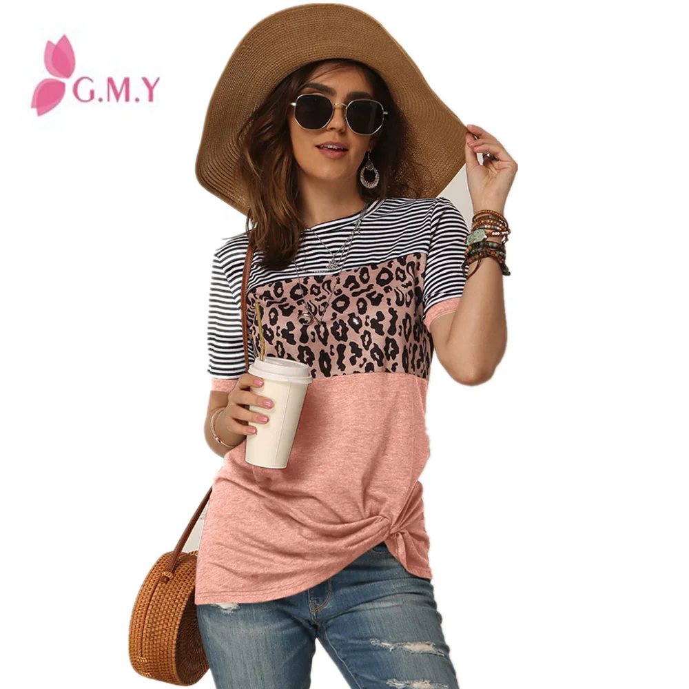 

amazon top seller 2020 Wholesale Ladies Summer Casual Leopard Print Colorblock Stripes Short Sleeve T-shirt Top, Animal
