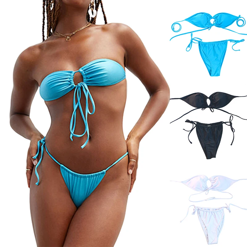 

2022 Swim Suit Women Hot Sale Sexy Lace Up Hollow Out Low Waist Strapless Bra Set Lingerie Knickers Bikini Swimwear