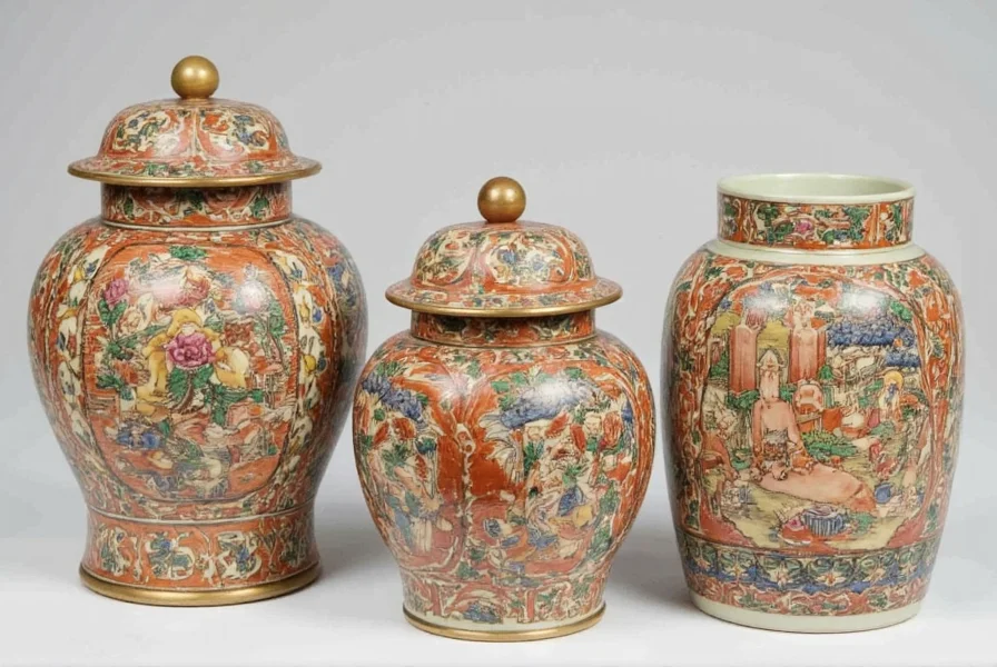 Interior designer arranging multiple ginger jars in contemporary living room setting