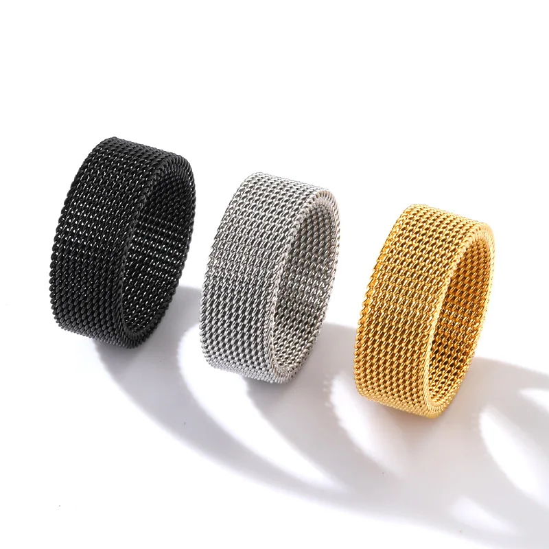 Hot Stainless Steel 8MM width mesh ring variable shape titanium steel Cuban Curb Link Gold Filled Stainless Steel Stylish Ring