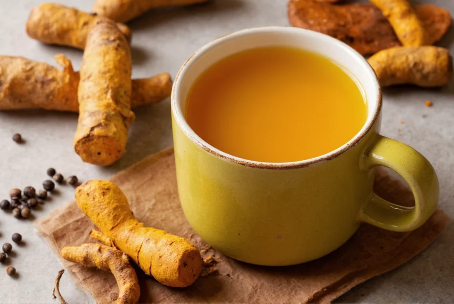 Golden turmeric tea in ceramic mug with fresh turmeric root and black peppercorns