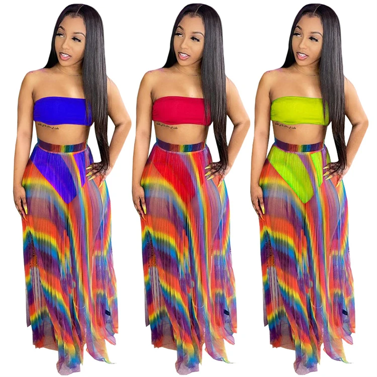 

DUODUOCOLOR New style fashion sleeveless tops color printed skirts women clothing 2021 summer sexy three piece set D10384