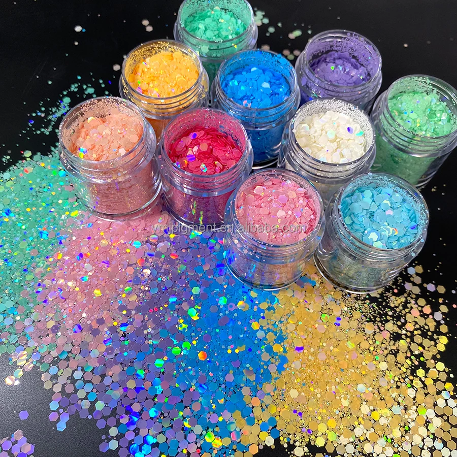 Bulk PET Solvent Resistant Chunky Glitter Mix Holographic Macaron Glitter Powder Eco Friendly Heart for Tumbler Snow Globe