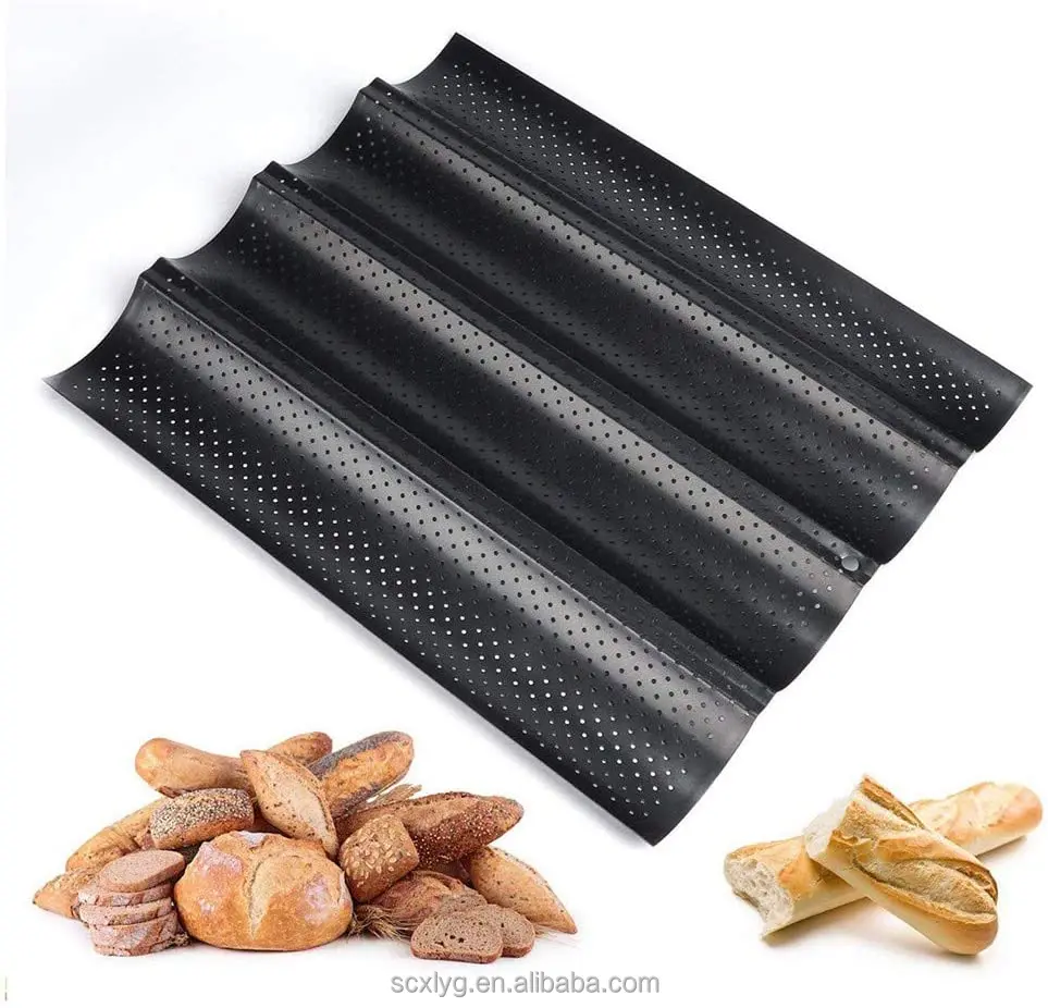 

Perforated Loaf Bake Oven Mold 15" x 13"non-stick French baking pan 4 Loaves Baguettes Bakery Tray, Silver/black/gold