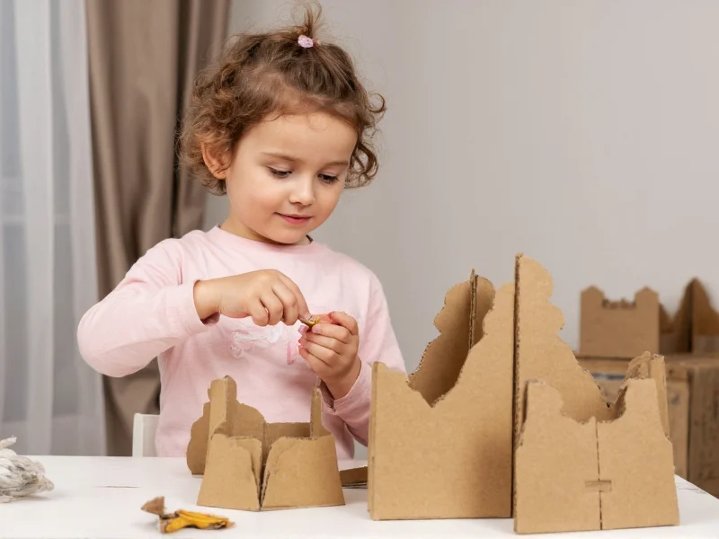 Child assembling cardboard castle pieces with non-toxic glue