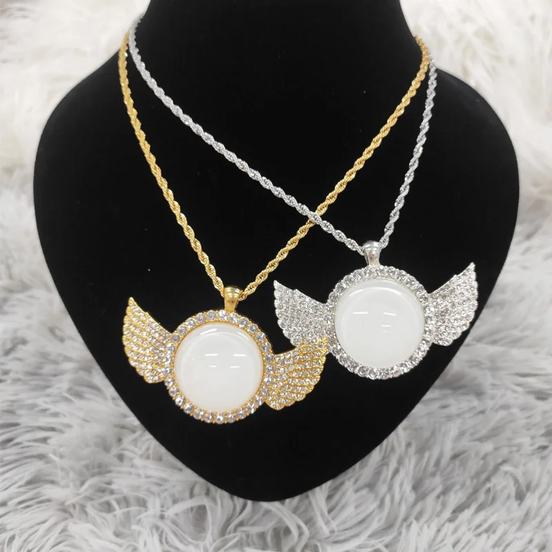 

2020 New Fashionable High Quality Sublimation HipHop Angle Wings Necklace Customized Photo Jewelry, Gold/sliver