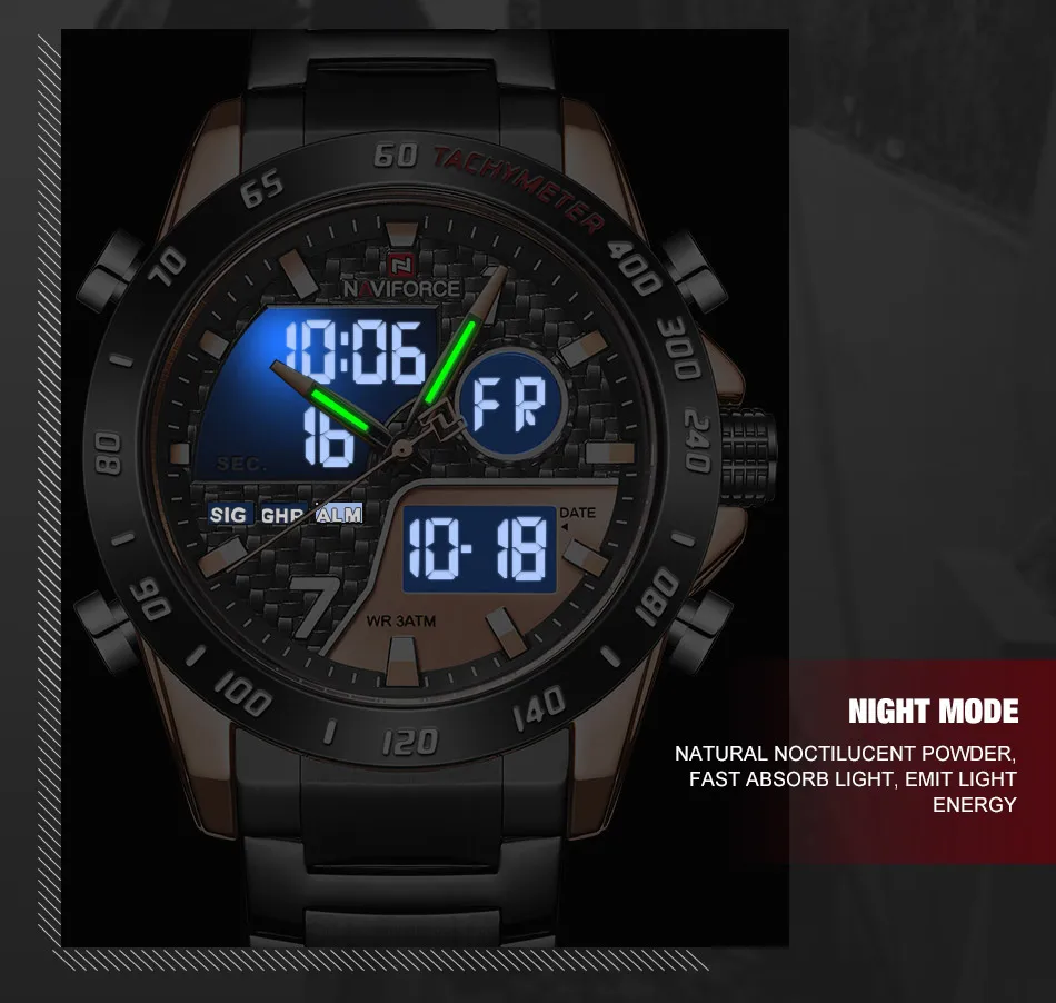 NAVIFORCE NF9171 luxury OEM mens quartz watch latest Stainless steel Strap Luminous double display low moq sports watch set