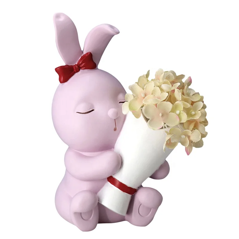 

Wholesale animal Tabletop decoration Resin kawaii Rabbit Vase set vase blanc ceramique Bunny sculpture living room decoration