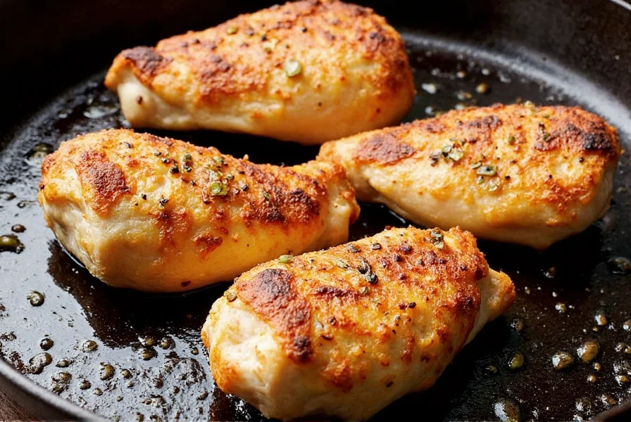 Pan-searing garlic pepper chicken in cast iron skillet showing golden crust formation