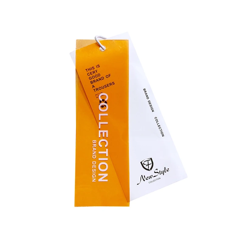 

Custom tags designer orange PVC paper hangtag with string loop, Cmyk