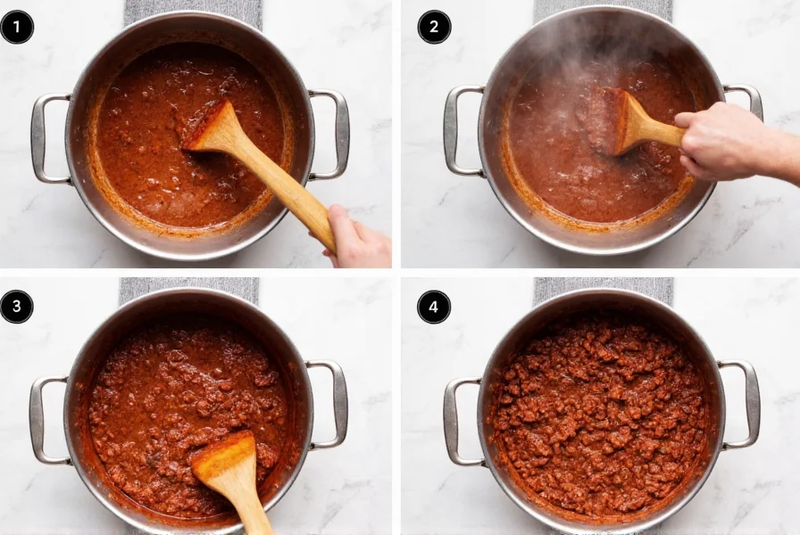 Step-by-step visual guide showing meat browning technique for homemade chili recipe
