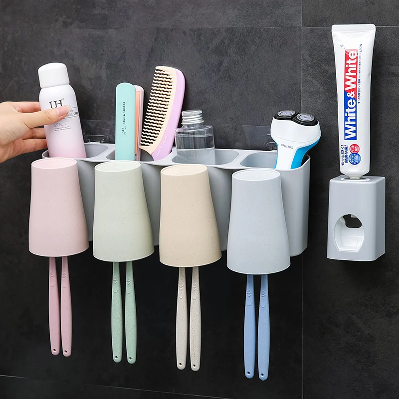 multifunctional wall mounted plastic Toothbrush holder toothpaste squeezer with cups