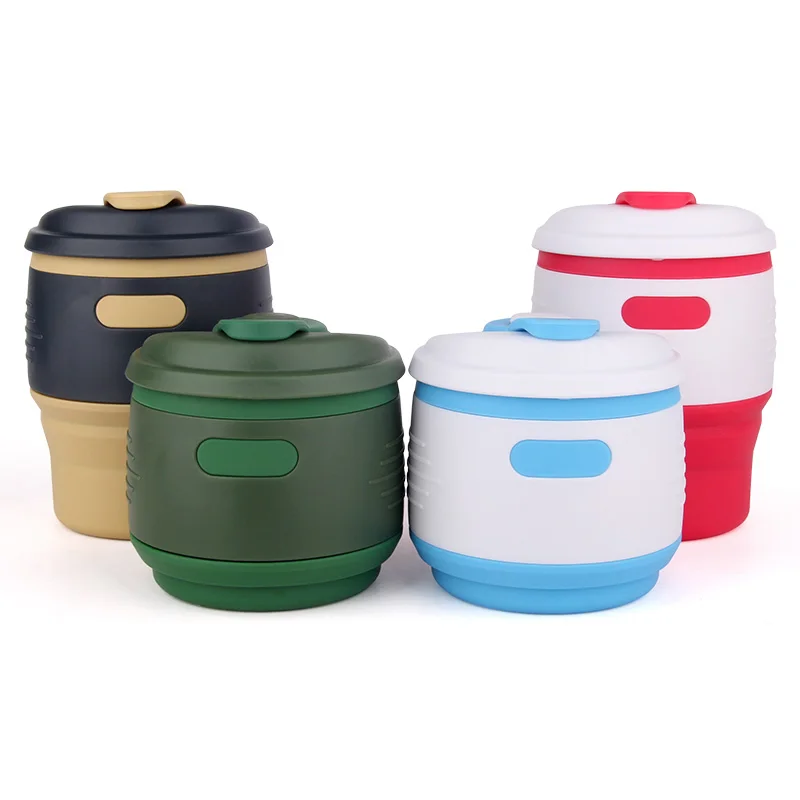 

Wholesale New Design 350ml Food Grade Mug Silicone Reusable Collapsible Coffee Cup With Lid, Army green/light blue/cochineal red/wheat