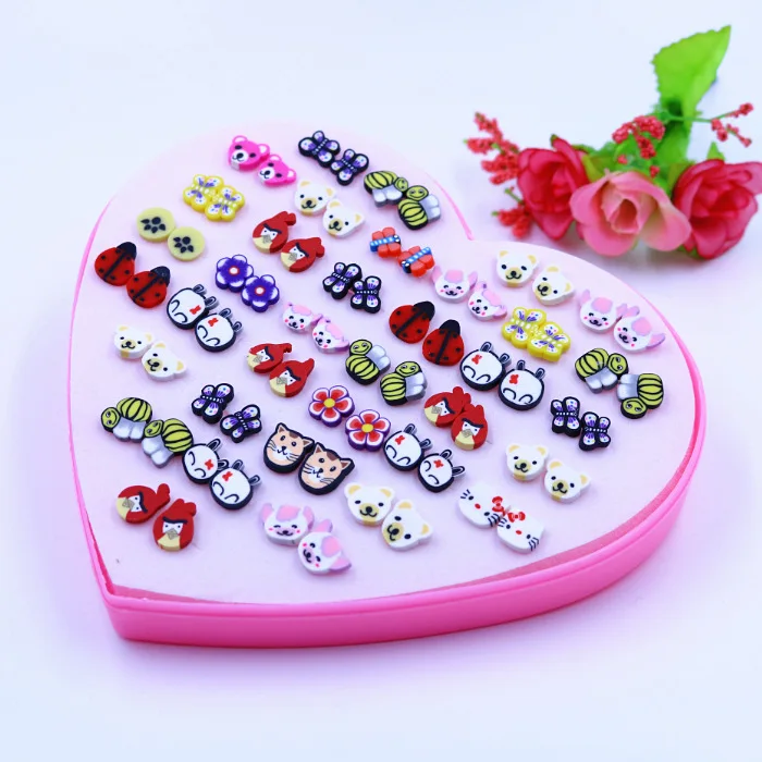 Korean fashion soft pottery anti-allergic plastic needle cartoon animal flower and fruit mixed 36 pairs of earring sets