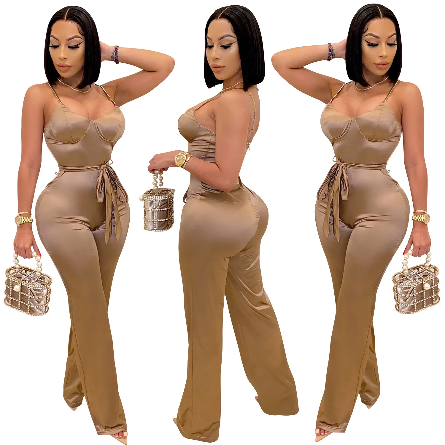 

Halter With Belt Straight Pants Sexy Club Wear Sleeveless Solid Jumpsuit Women 2020 Fashion, Picture color
