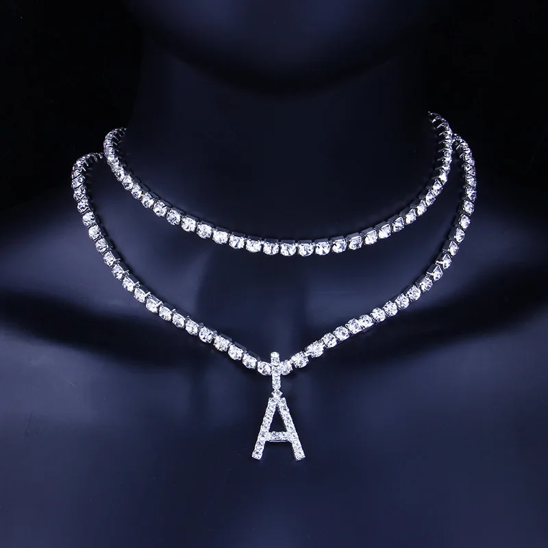 

2021 Great Sale CZ Tennis Chain Iced Out Diamond Letter Pendant Necklace Custom Letter Gold Plated Personalized Necklace