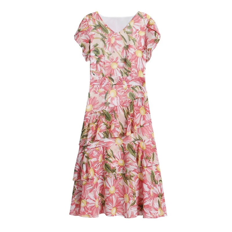 

High Quality Summer Lady Short Sleeve Chiffon Midi Floral Print V Neck Dress, 1 color