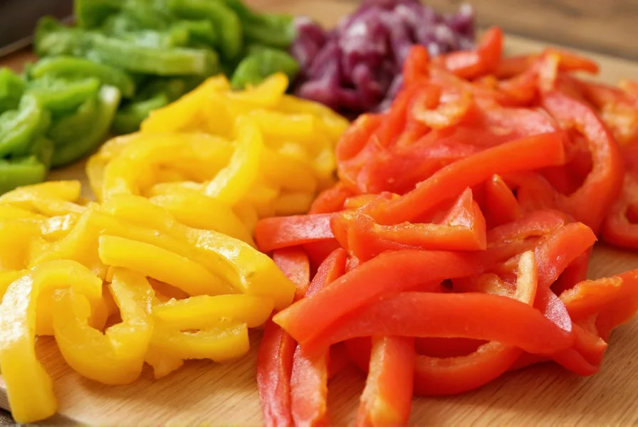 Colorful bell peppers sliced for lunch salad preparation on wooden cutting board