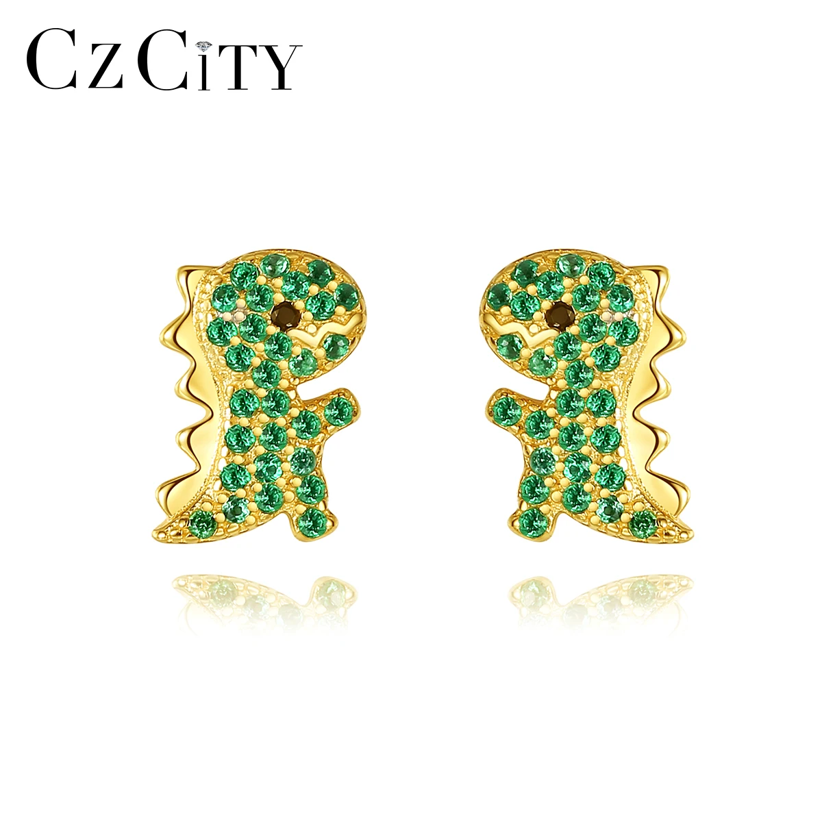 CZCITY Fashion Party Wedding Gift Cute Ear Ring Fancy Little Dinosaur Inlay Green Crystal Rhinestone Animal Earring