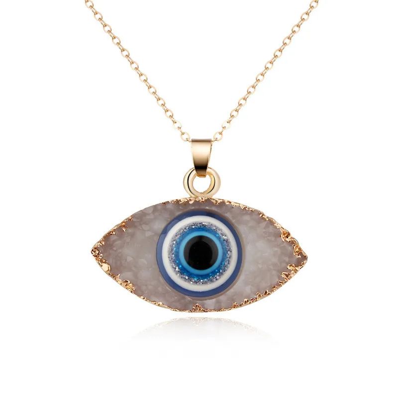 

Religious Imitation Eye Shape Druzy Stone Pendant Necklace Gold Plated Chain Resin Blue Evil Eyes Necklace