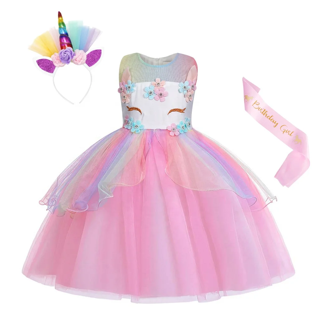 

2021 Summer Kids Birthday Party Clothing Girls Unicorn Costume Dress Short Sleeve Princess Tutu Prom Dress for lil Girl, Purple, blue. pink