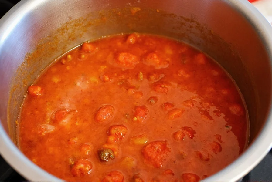 Homemade chili sauce simmering in a stainless steel pot with visible tomato chunks and spices