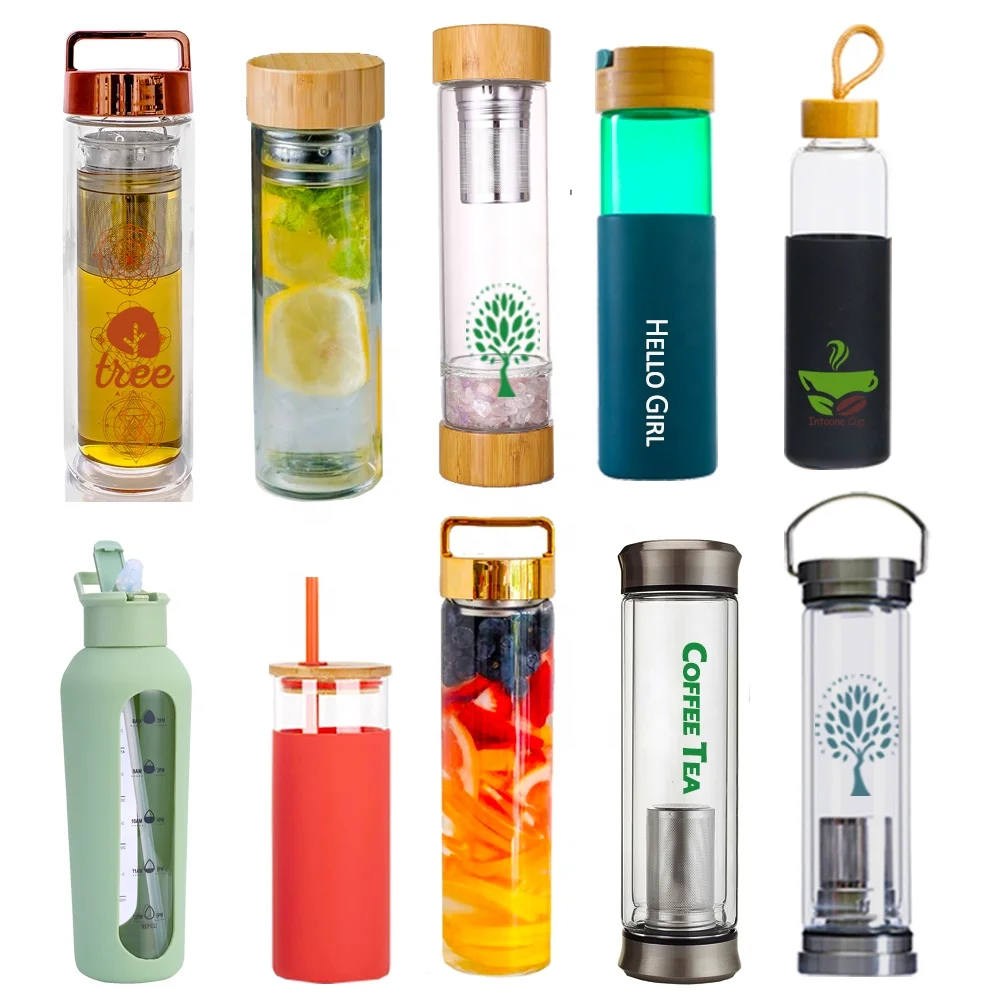 

500ml Wholesale Double wall High borosilicate crystal glass water bottles tumblers with bamboo lid silicone cover and infuser, Natural bamboo color
