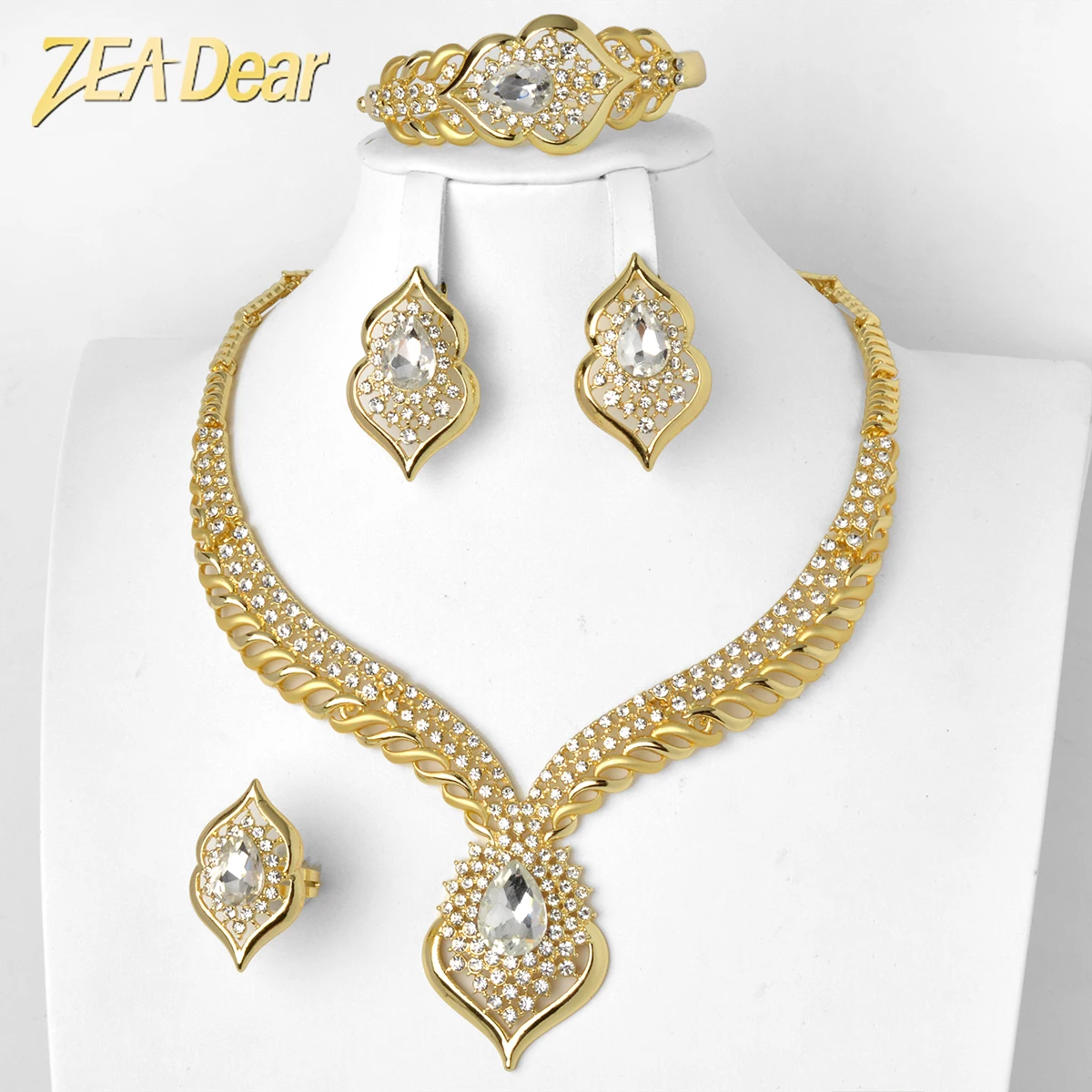 

Dubai Jewelry Sets For Women Necklace Earrings Ring Bracelet Ethnic Crystal zircon jewelry set