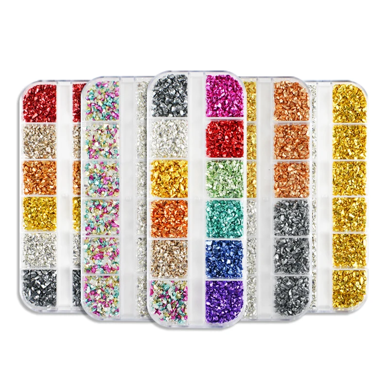 

Metallic colorful broken glass flakes nail art accessories gold flakes decals nail art charms 3d glitter stone nail art, 12 colors