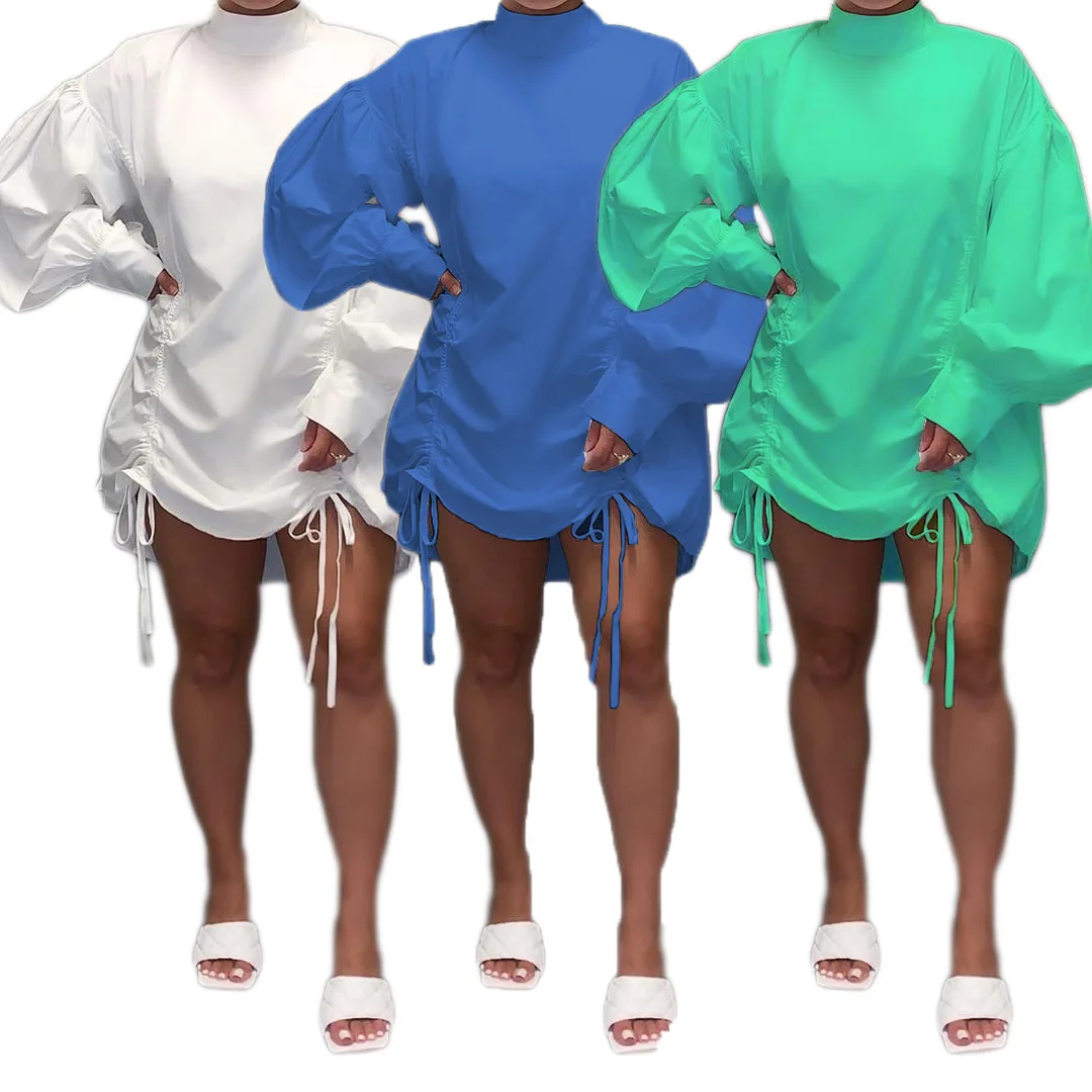 

2021 High neck loose Plus size women's blouses & shirts casual lantern sleeve blouse plus size women's dresses